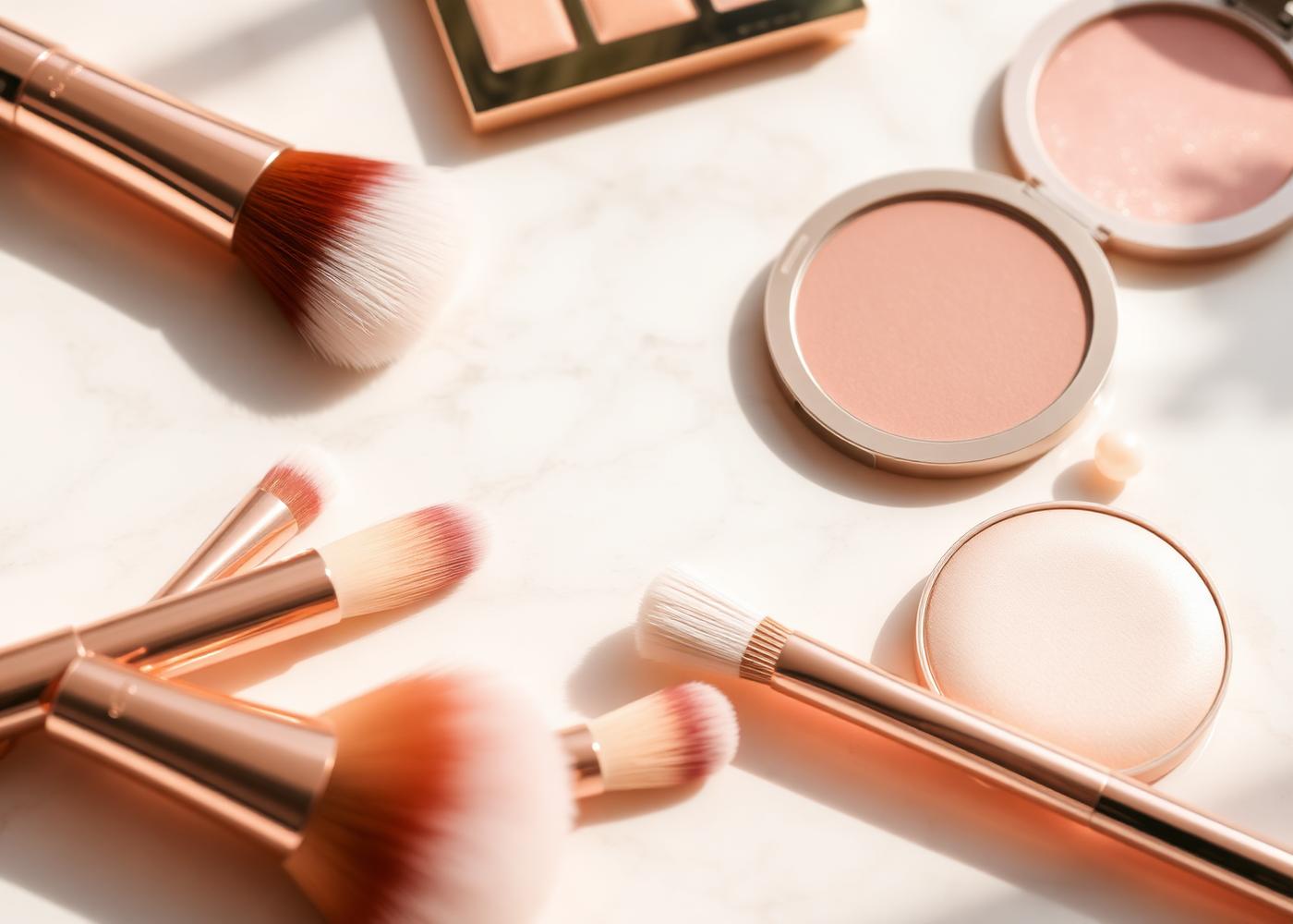 Rose gold makeup brushes and blush compact on marble